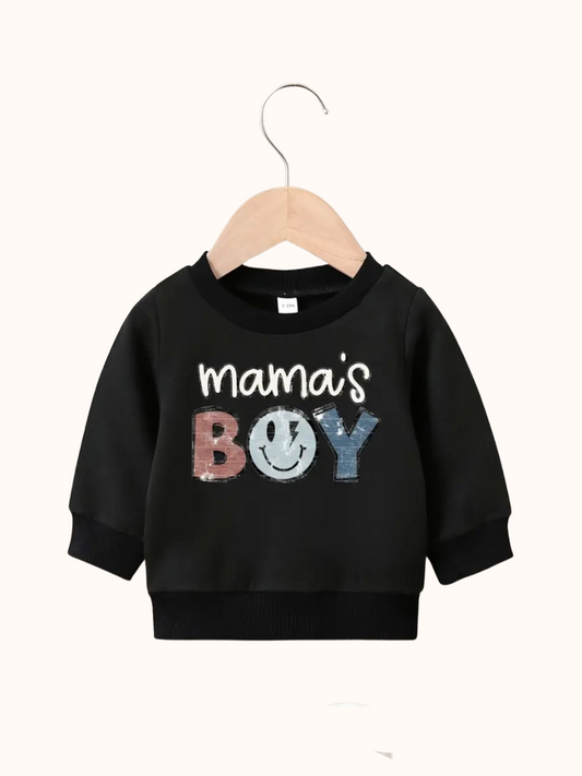 Leuke zwarte jongens sweater, met de tekst Mama's Boy'. Maat 3 - 6 maanden en 6 - 9 maanden.