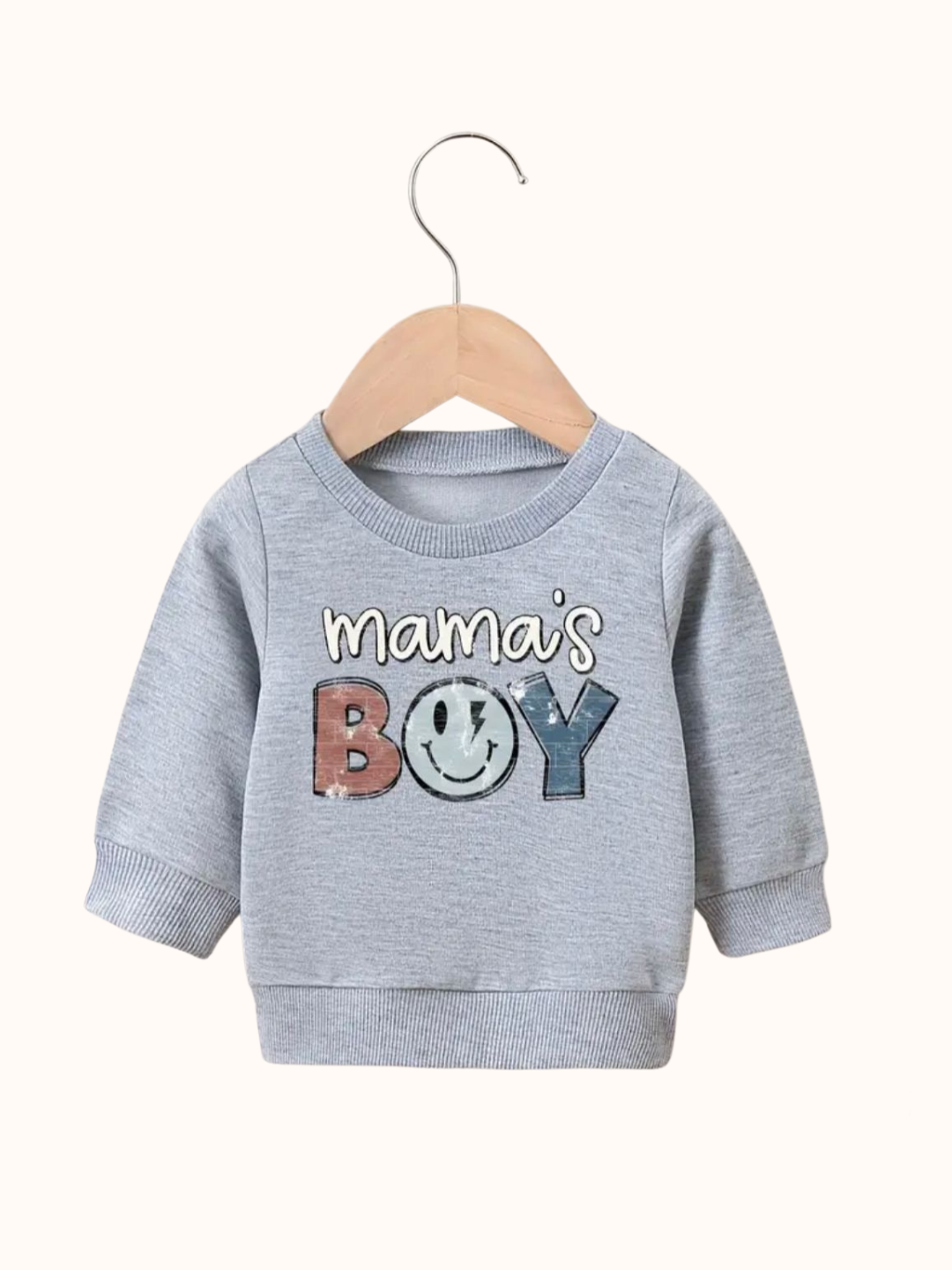 Leuke grijze jongens sweater, met de tekst Mama's Boy'. Maat 3 - 6 maanden en 6 - 9 maanden.