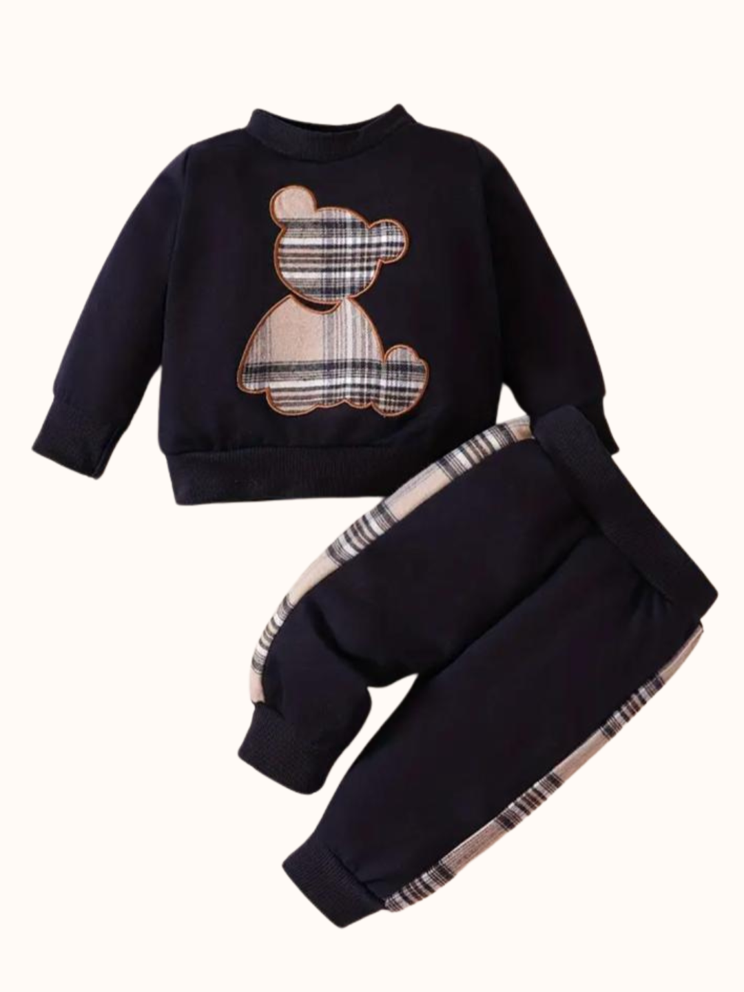 Comfy zwarte jongens sweater set, bruin beren print. Maat 3 - 6 maanden en 6 - 9 maanden.